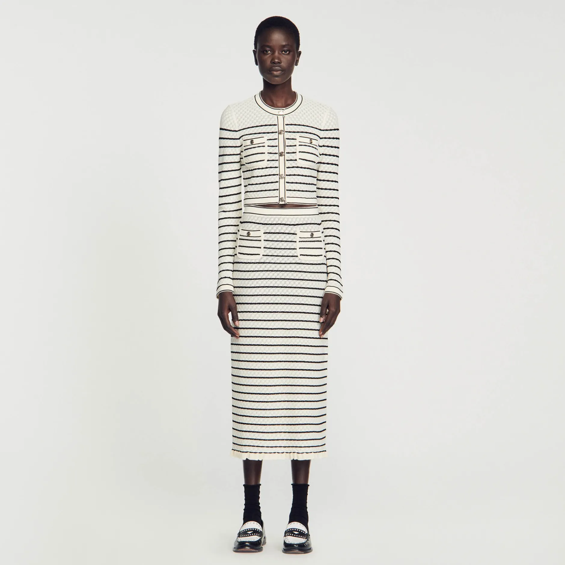 Femme SANDRO Jupe Midi En Maille Rayée
