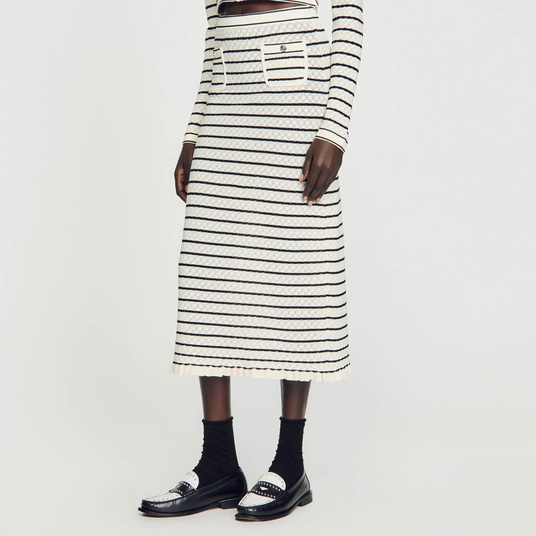Femme SANDRO Jupe Midi En Maille Rayée