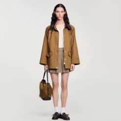 Femme SANDRO Manteau Col En Cuir