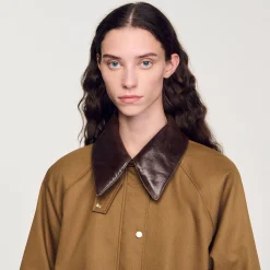 Femme SANDRO Manteau Col En Cuir