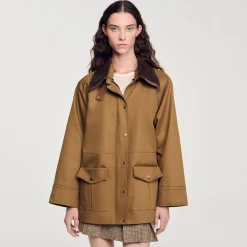 Femme SANDRO Manteau Col En Cuir