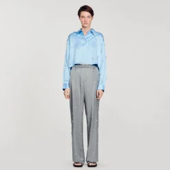 Femme SANDRO Pantalon En Lin Orné De Strass