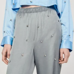 Femme SANDRO Pantalon En Lin Orné De Strass