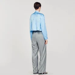 Femme SANDRO Pantalon En Lin Orné De Strass