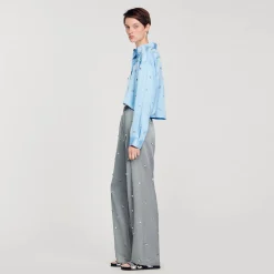 Femme SANDRO Pantalon En Lin Orné De Strass