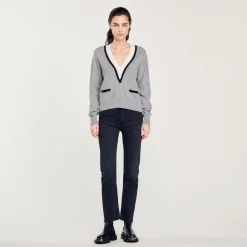 Femme SANDRO Pull à Col V Profond Contrasté