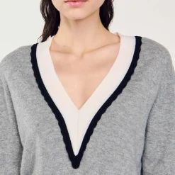 Femme SANDRO Pull à Col V Profond Contrasté