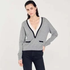 Femme SANDRO Pull à Col V Profond Contrasté