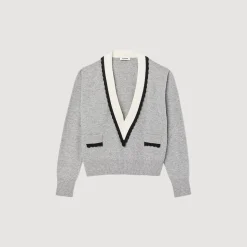 Femme SANDRO Pull à Col V Profond Contrasté