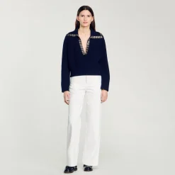 Femme SANDRO Pull à Col Vareuse