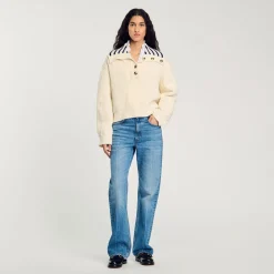 Femme SANDRO Pull à Col Vareuse Rayé