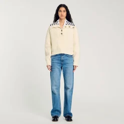 Femme SANDRO Pull à Col Vareuse Rayé