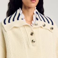 Femme SANDRO Pull à Col Vareuse Rayé