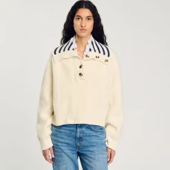 Femme SANDRO Pull à Col Vareuse Rayé