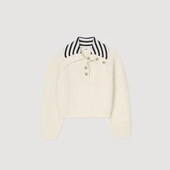 Femme SANDRO Pull à Col Vareuse Rayé