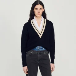 Femme SANDRO Pull Au Col V Contrasté