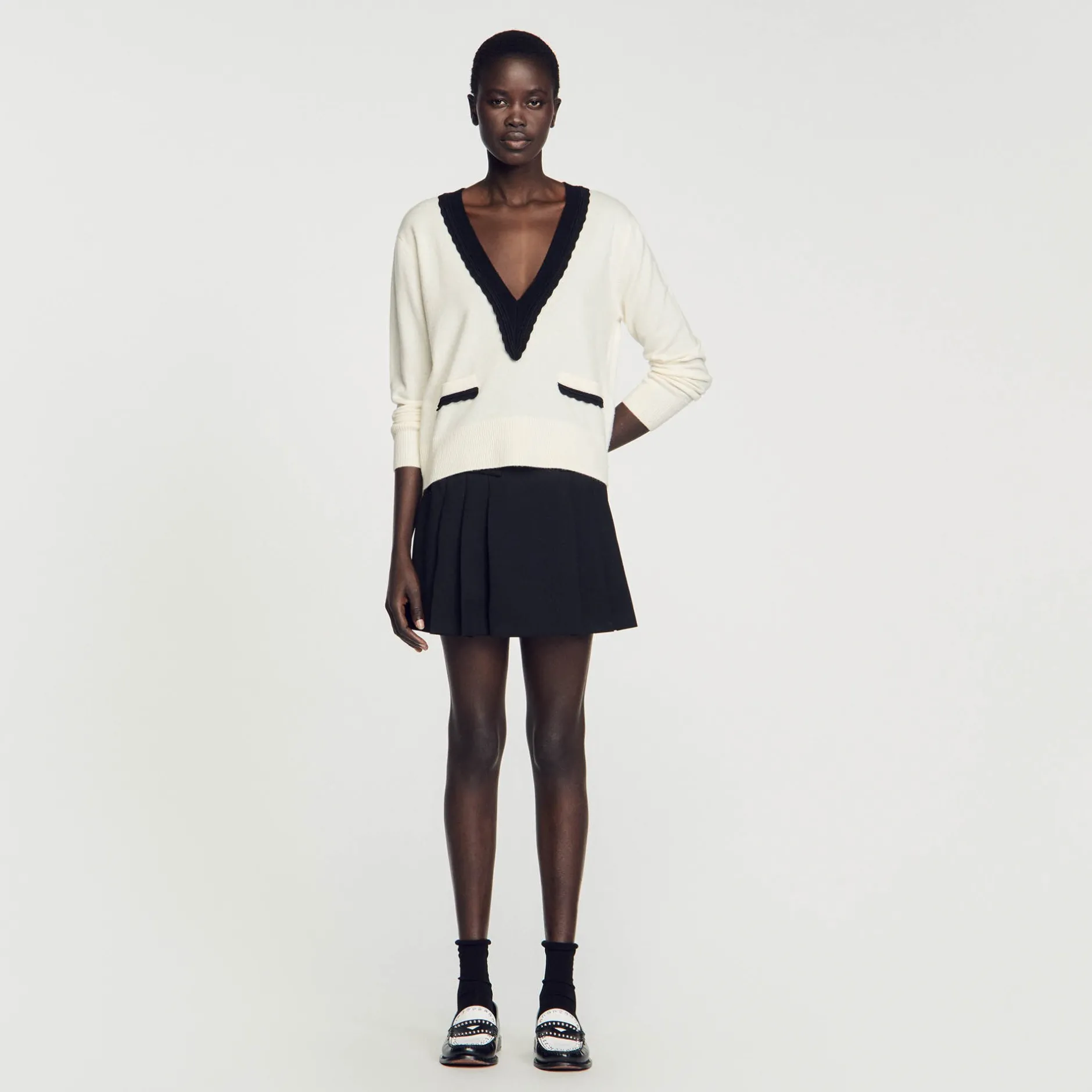 Femme SANDRO Pull Col V Bicolore En Laine
