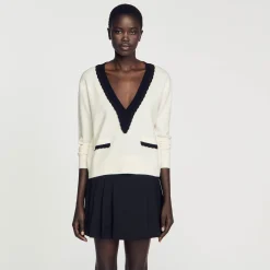 Femme SANDRO Pull Col V Bicolore En Laine