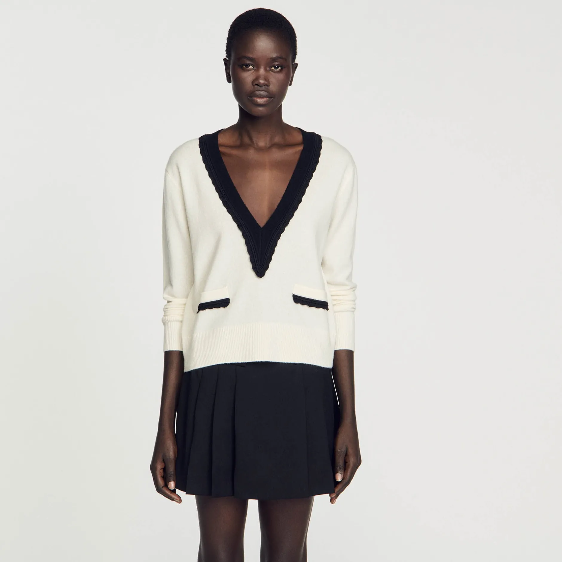 Femme SANDRO Pull Col V Bicolore En Laine