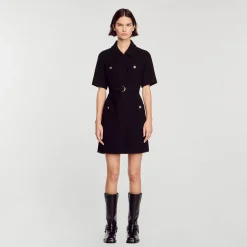 Femme SANDRO Robe à Manches Courtes Bi Matières