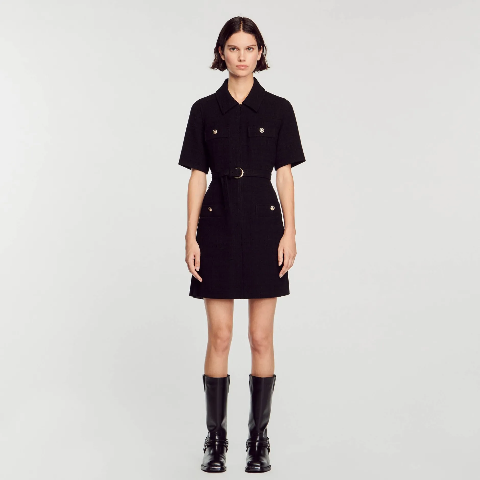 Femme SANDRO Robe à Manches Courtes Bi Matières