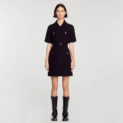 Femme SANDRO Robe à Manches Courtes Bi Matières