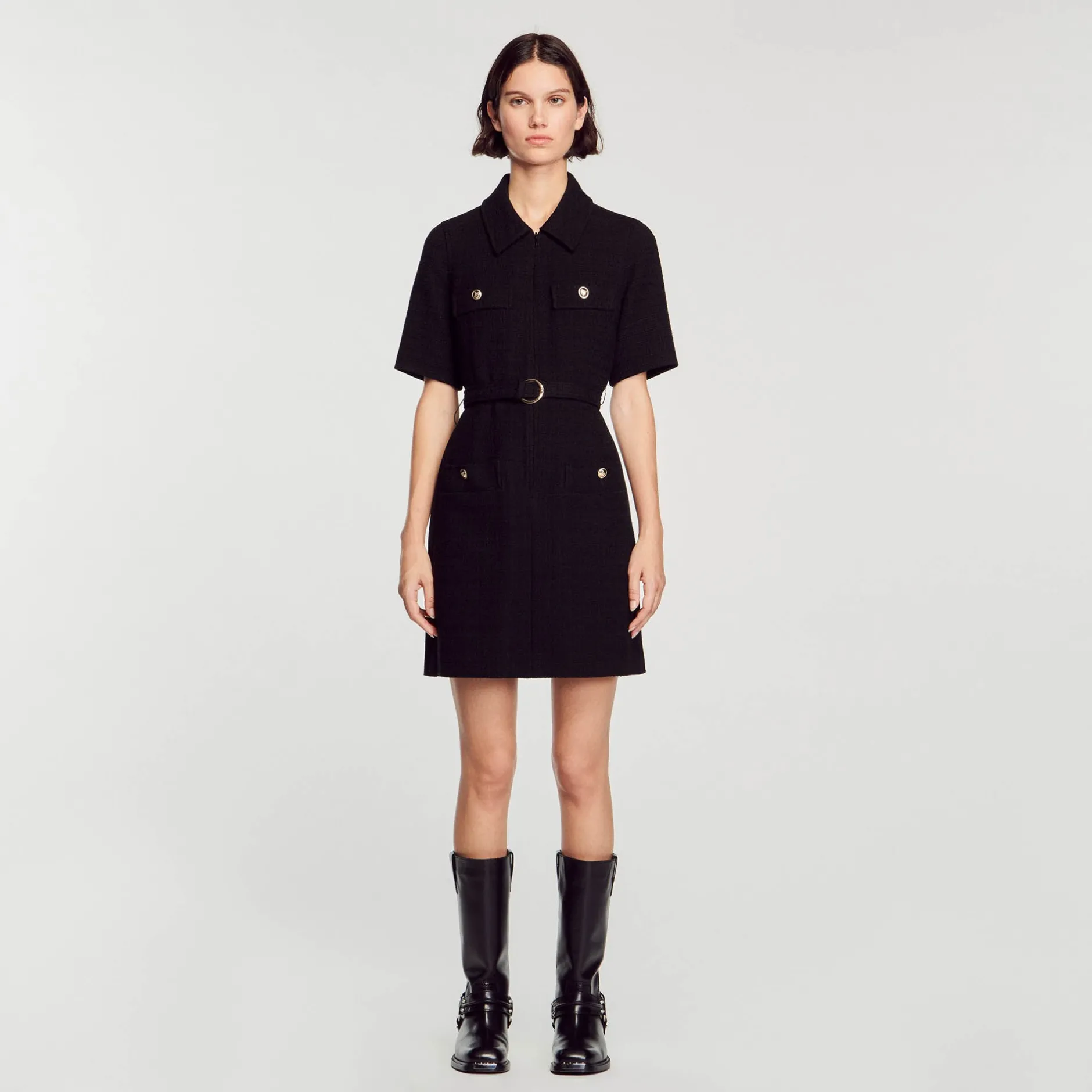 Femme SANDRO Robe à Manches Courtes Bi Matières