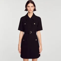 Femme SANDRO Robe à Manches Courtes Bi Matières