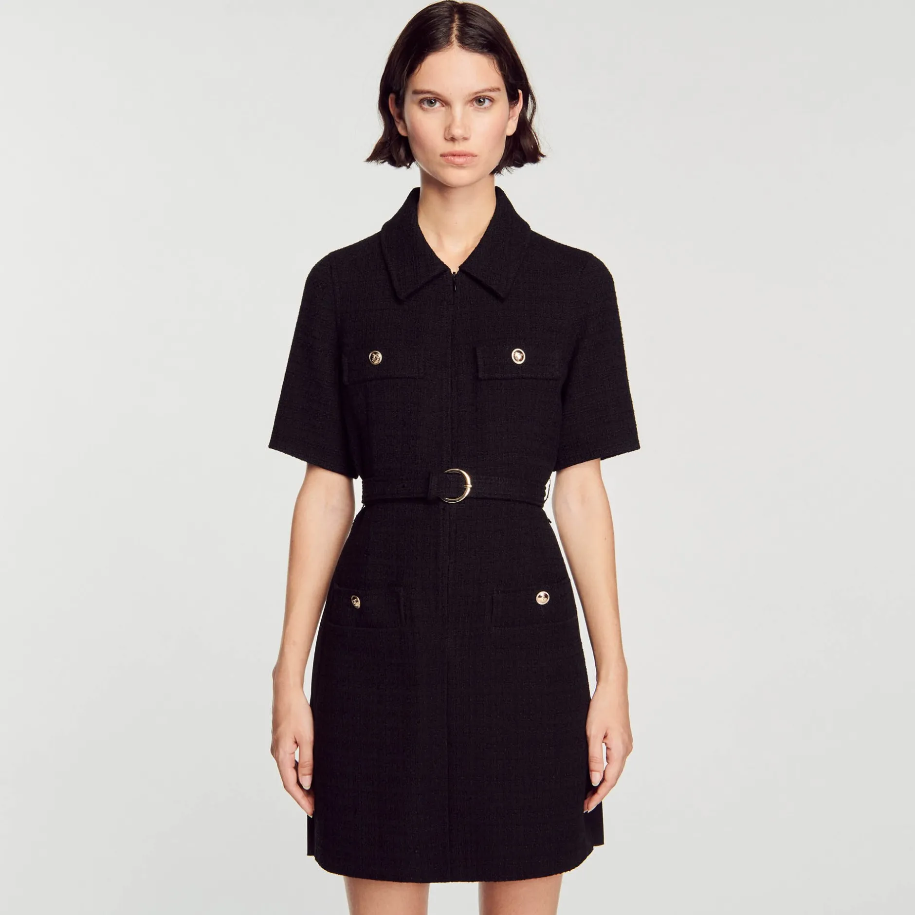 Femme SANDRO Robe à Manches Courtes Bi Matières
