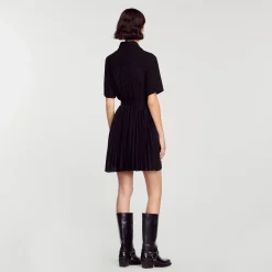 Femme SANDRO Robe à Manches Courtes Bi Matières