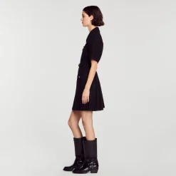 Femme SANDRO Robe à Manches Courtes Bi Matières