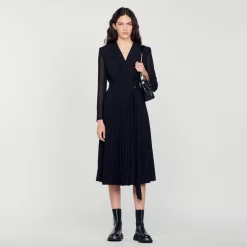 Femme SANDRO Robe Bi-matière à Manches Longues
