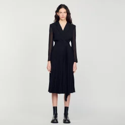 Femme SANDRO Robe Bi-matière à Manches Longues