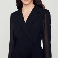 Femme SANDRO Robe Bi-matière à Manches Longues