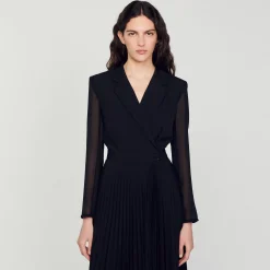 Femme SANDRO Robe Bi-matière à Manches Longues