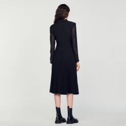 Femme SANDRO Robe Bi-matière à Manches Longues
