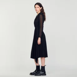 Femme SANDRO Robe Bi-matière à Manches Longues