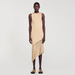 Femme SANDRO Robe Longue Asymétrique à Franges