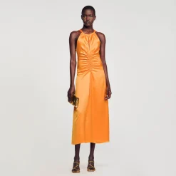 Femme SANDRO Robe Longue Satinée Froncée