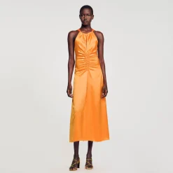 Femme SANDRO Robe Longue Satinée Froncée