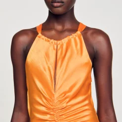 Femme SANDRO Robe Longue Satinée Froncée
