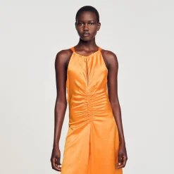 Femme SANDRO Robe Longue Satinée Froncée