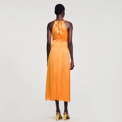 Femme SANDRO Robe Longue Satinée Froncée
