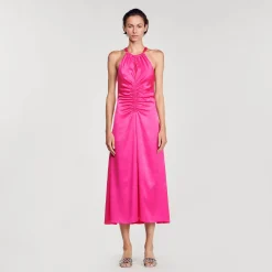 Femme SANDRO Robe Longue Satinée Froncée