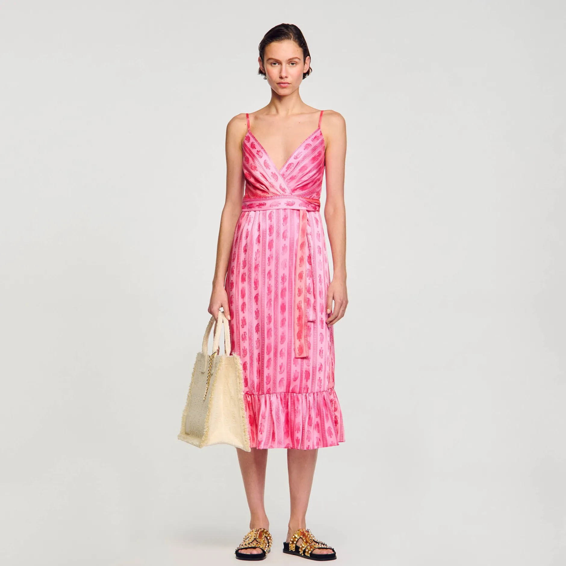 Femme SANDRO Robe Midi à Ceinture Nouée