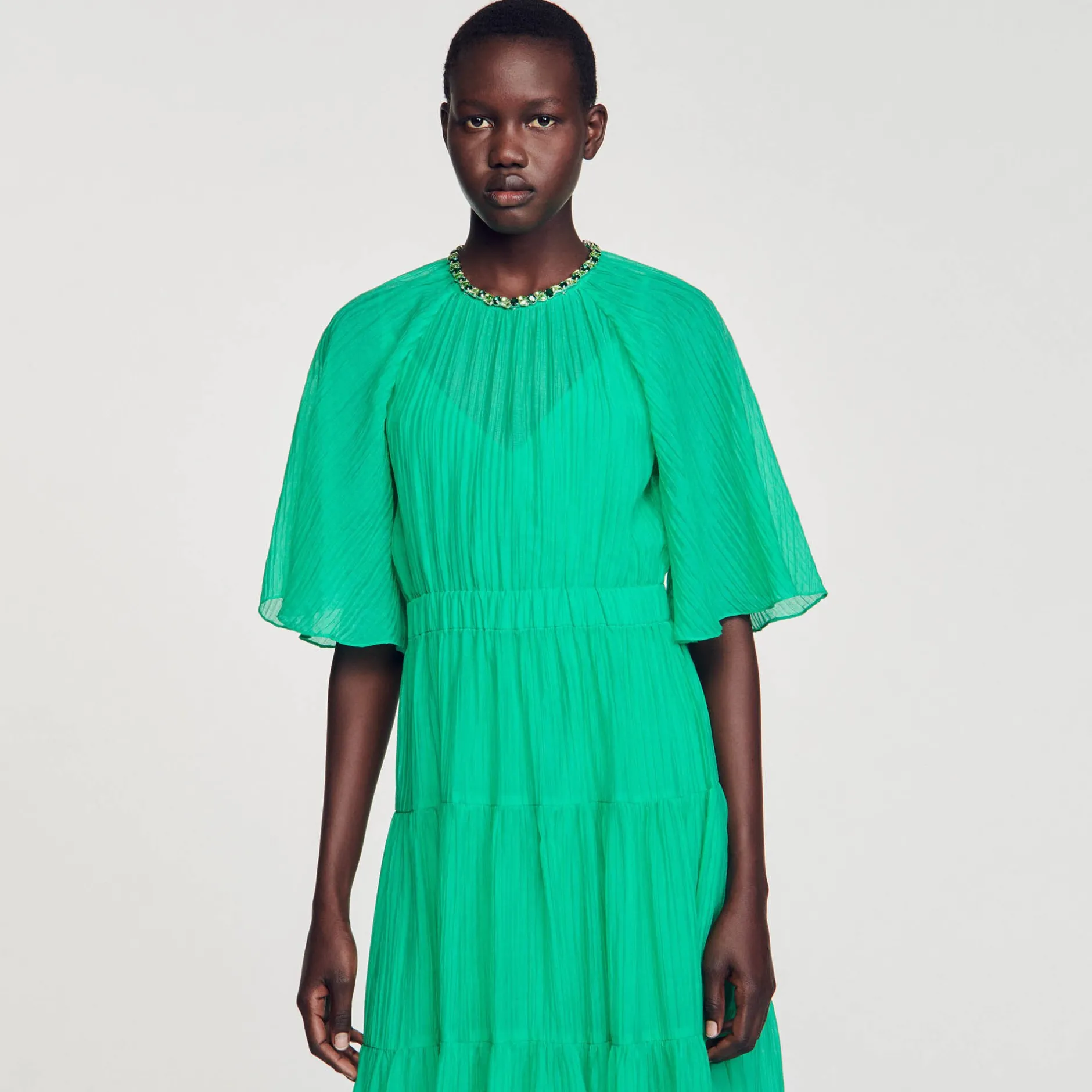 Femme SANDRO Robe Midi à Col Strassé