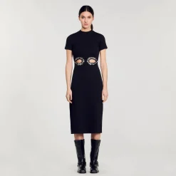 Femme SANDRO Robe Midi à Découpes Strassées