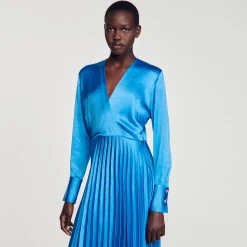 Femme SANDRO Robe Midi Satinée Plissée