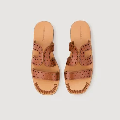 Femme SANDRO Sandales Plates En Cuir Perforé