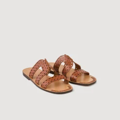 Femme SANDRO Sandales Plates En Cuir Perforé